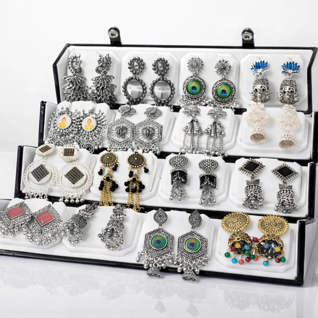 Premium Oxidized Jhumka Earrings Box – 16 Pair Combo Set